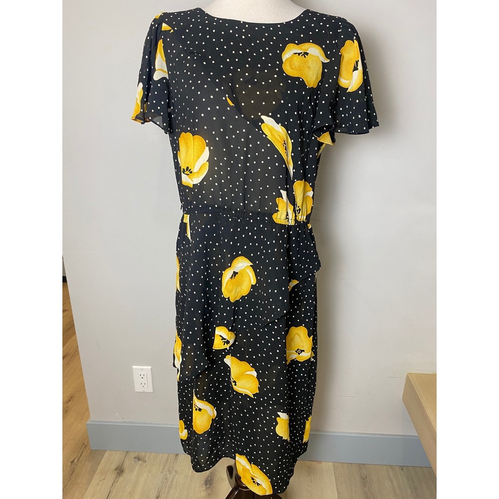 Vintage Items California 70s Black Polka Dot Yellow Floral Flutter Sleeve Dress
